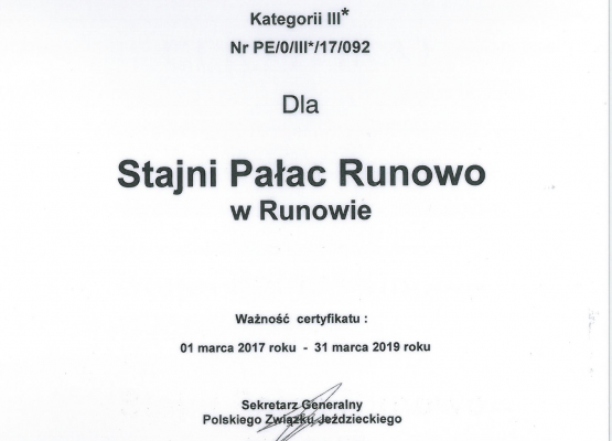 Certyfikat Stajni Pałac Runowo